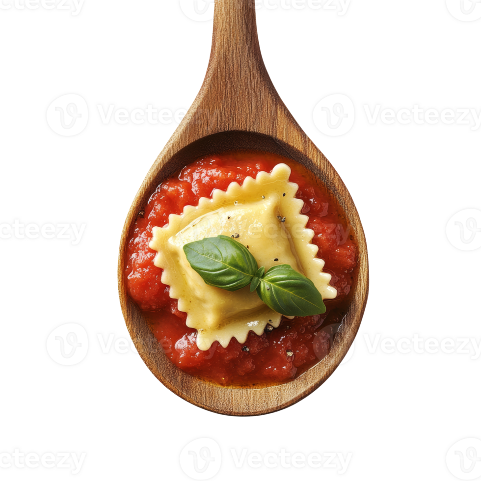 Ravioli in tomato sauce on a wooden spoon. cut out. isolated png