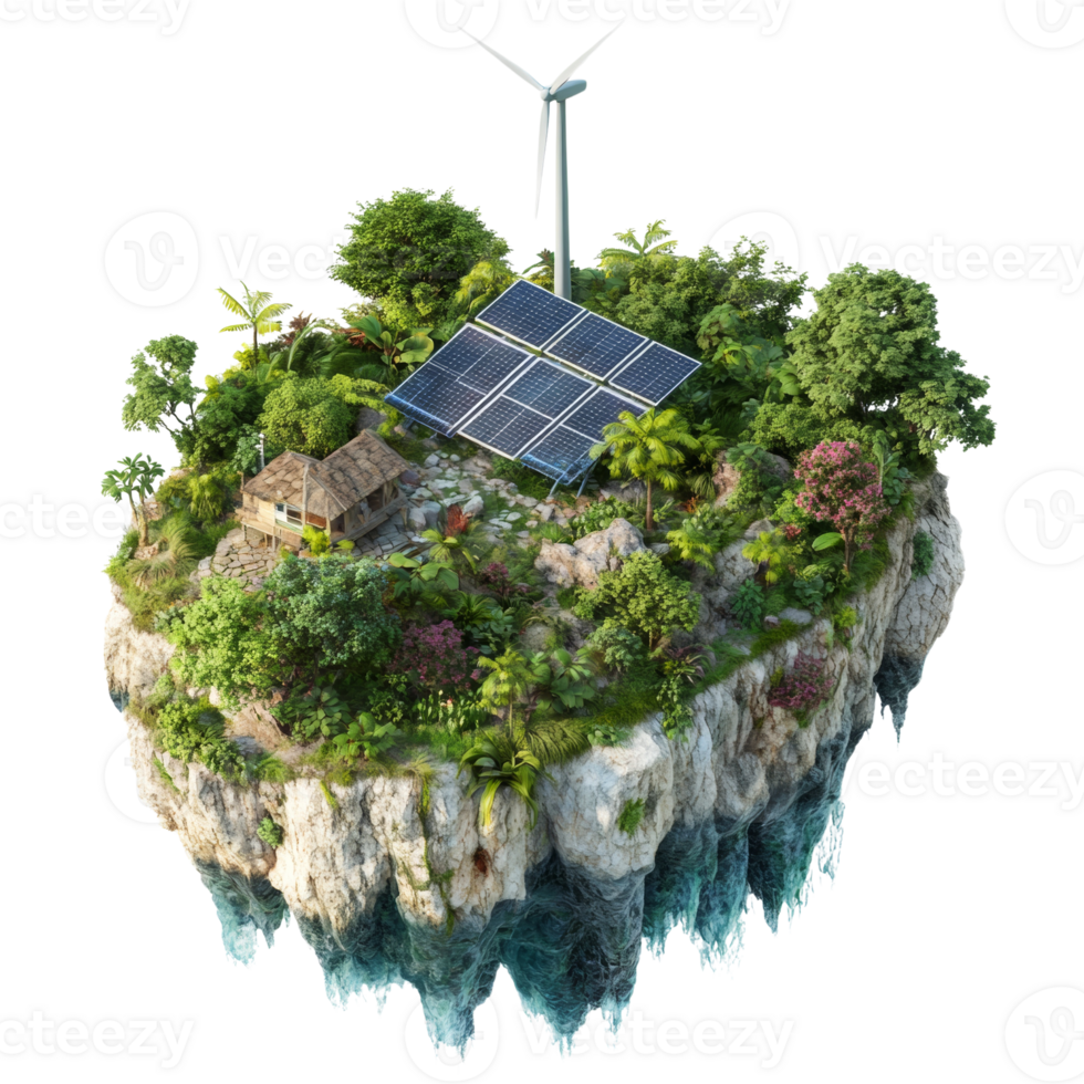 Sustainable Island Home With Solar Panels and Wind Turbine. cut out png