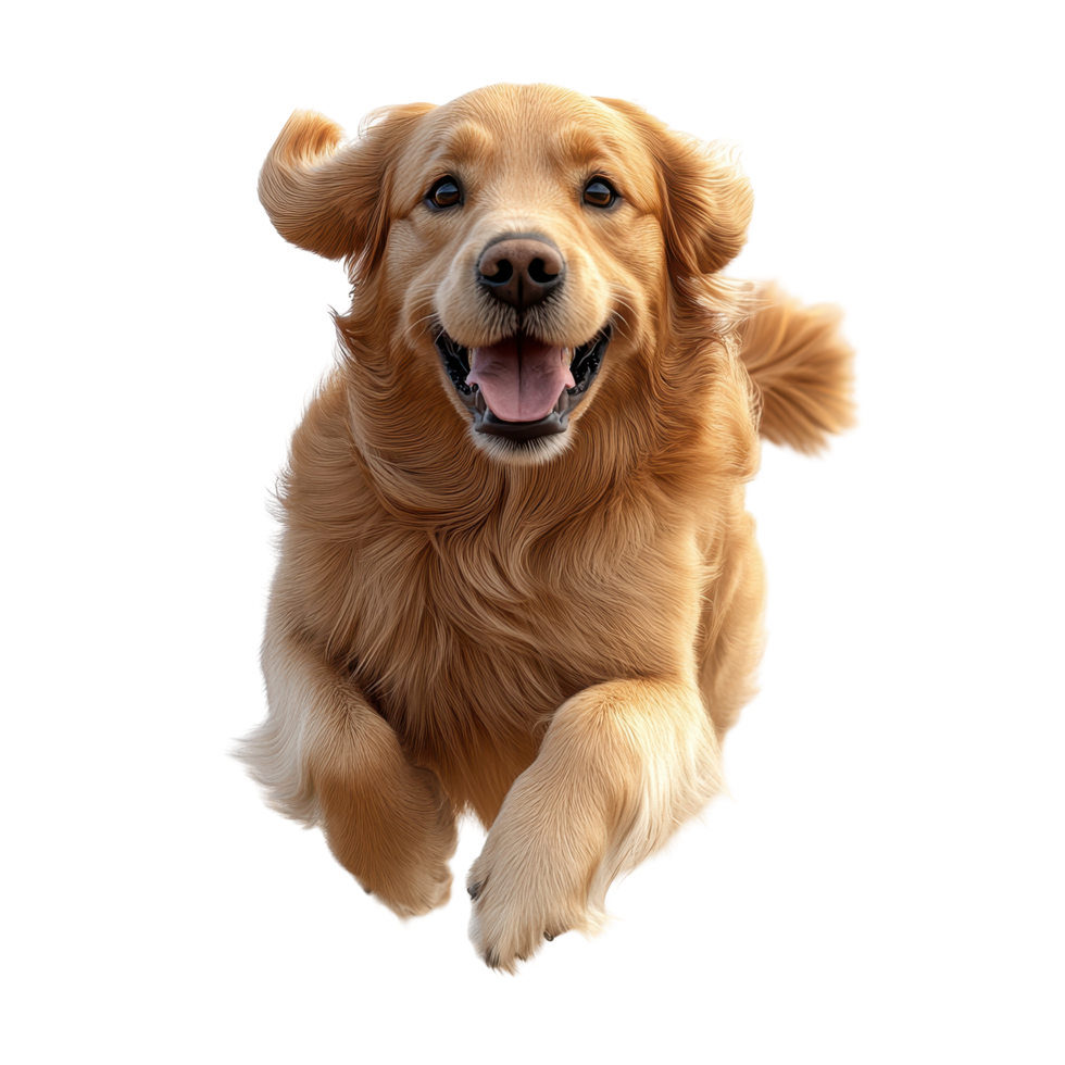 Happy golden retriever joyfully running toward the camera in a bright and playful moment isolated on transparent background. png