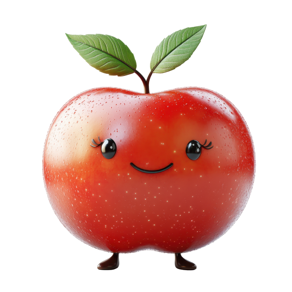 Cute cartoon apple character with smiling face and leafy top standing cheerfully on small feet isolated on transparent background. png