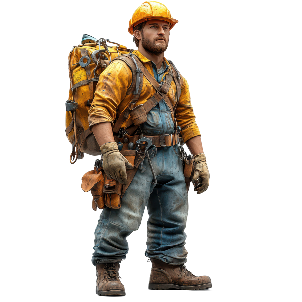 Construction worker preparing for a busy day at a job site in an urban environment isolated on transparent background. png