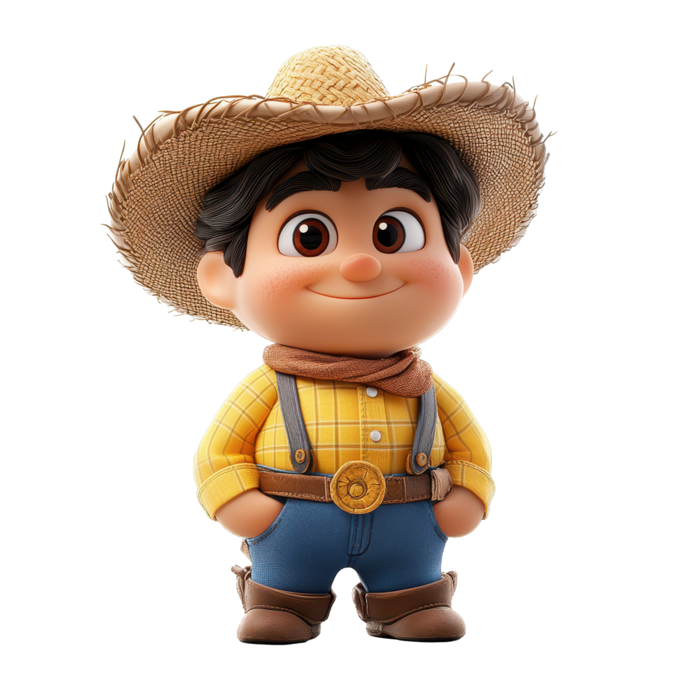Child-friendly animated character dressed as a cowboy with a straw hat and cheerful expression standing confidently isolated on transparent background. png