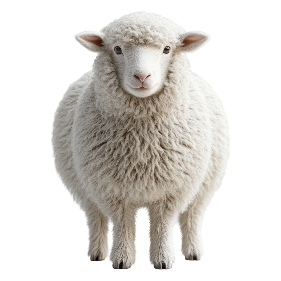 Fluffy white sheep stands peacefully in a close-up view, showcasing its soft wool coat and calm expression in a bright environment isolated on transparent background. png