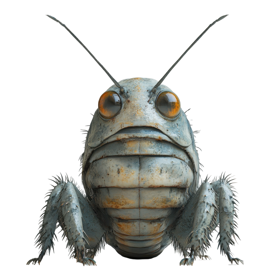 Unique close-up of an intricate cricket model showcasing detailed textures and vibrant eyes in a clean background setting isolated on transparent background. png