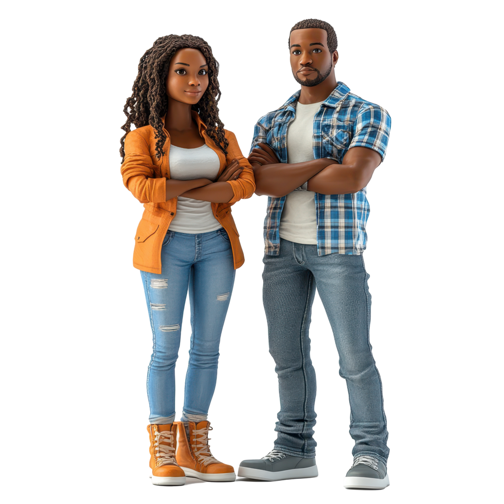 Couple stands confidently together, showcasing casual fashion styles in a friendly setting isolated on transparent background. png