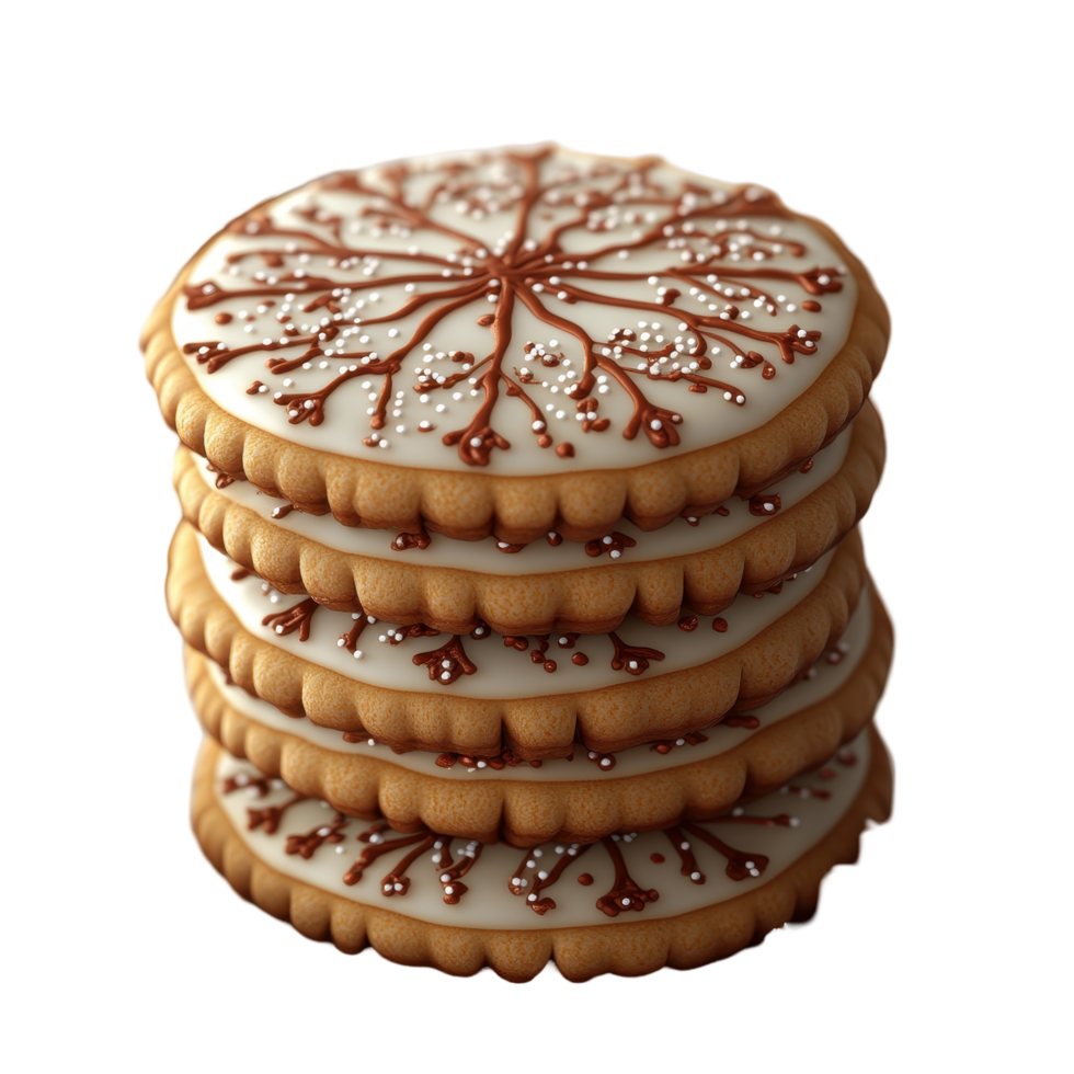 Decorative winter cookies stacked beautifully with intricate icing patterns in a cozy setting isolated on transparent background. png