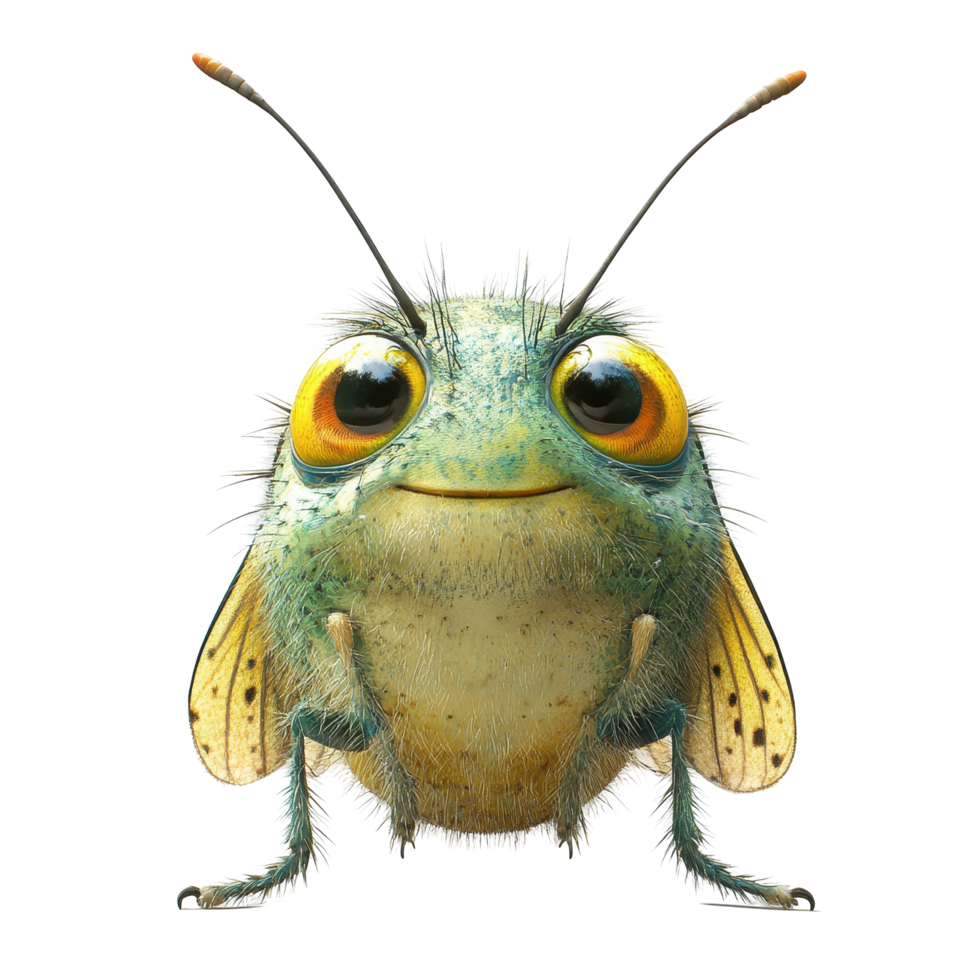 Colorful cartoon insect with large eyes and a friendly expression in a digital design isolated on transparent background. png