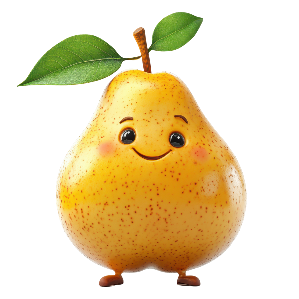 Smiling cartoon pear character with green leaves and cheerful expression in bright colors isolated on transparent background. png
