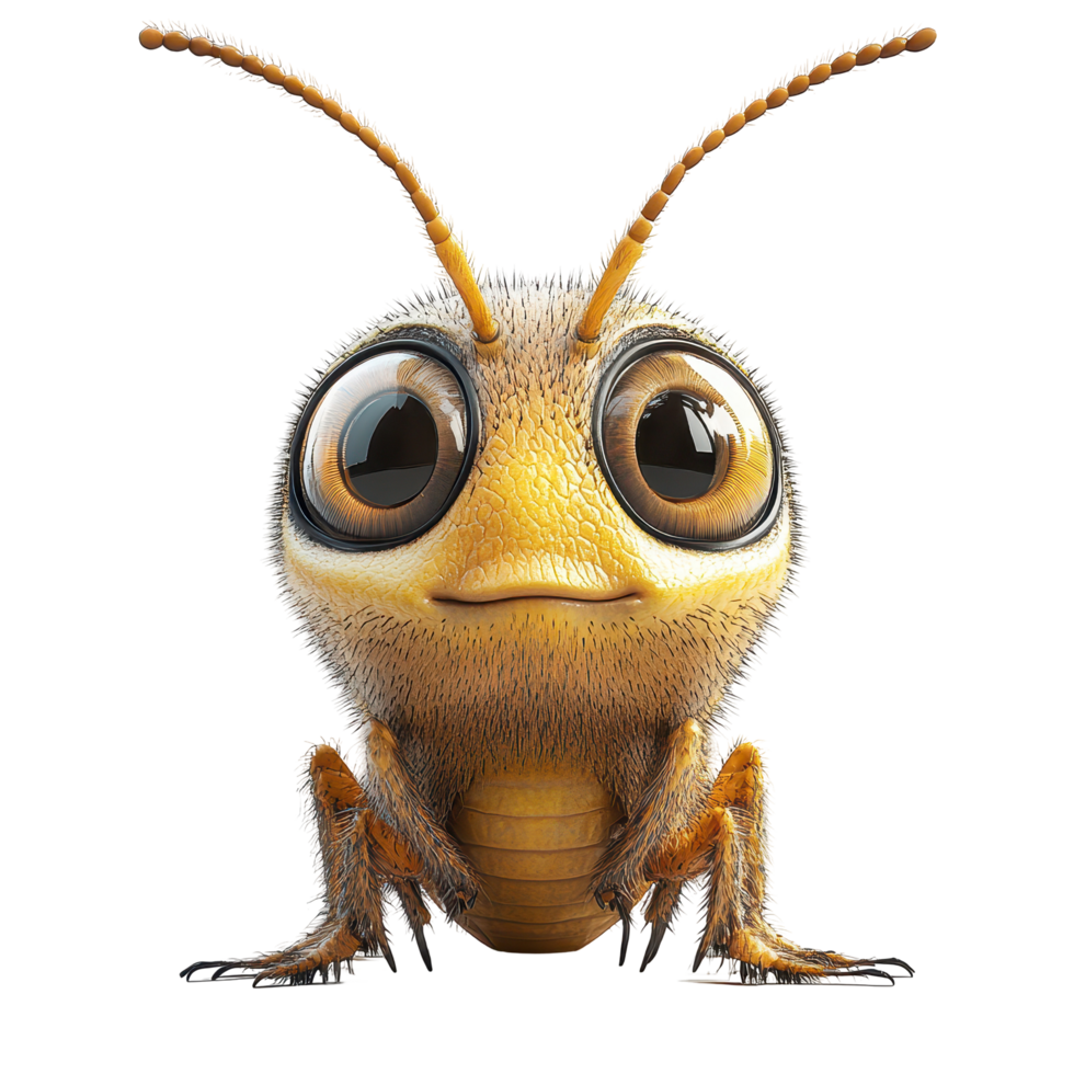 Cute cartoon bee character with large eyes and fuzzy texture posing against a white background isolated on transparent background. png