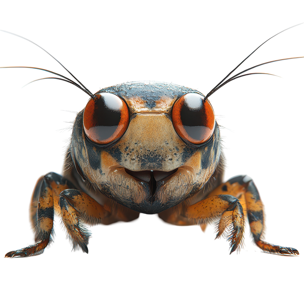 Close-up view of a vibrant insect showcasing detailed features and colorful patterns isolated on transparent background. png