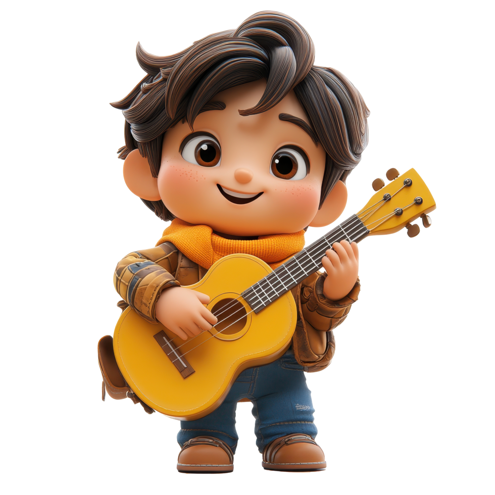 jovem Garoto alegremente jogando uma amarelo guitarra com uma grande sorrir dentro uma colorida configuração isolado em transparente fundo. png
