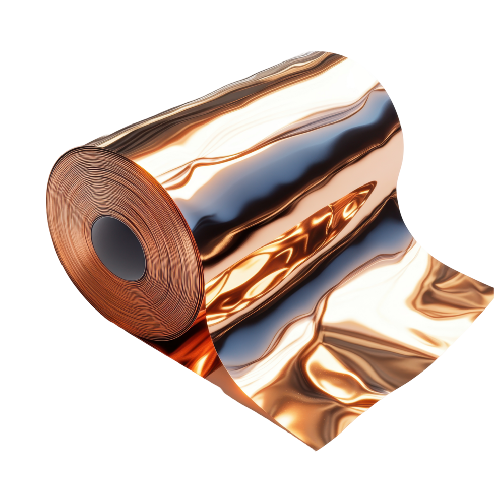 Roll of shiny copper foil on display for crafting, decoration, or industrial use in a well-lit workspace isolated on transparent background. png