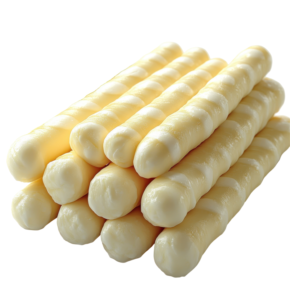 Freshly made cheese sticks stacked on a clean surface ready for snacking or cooking isolated on transparent background. png