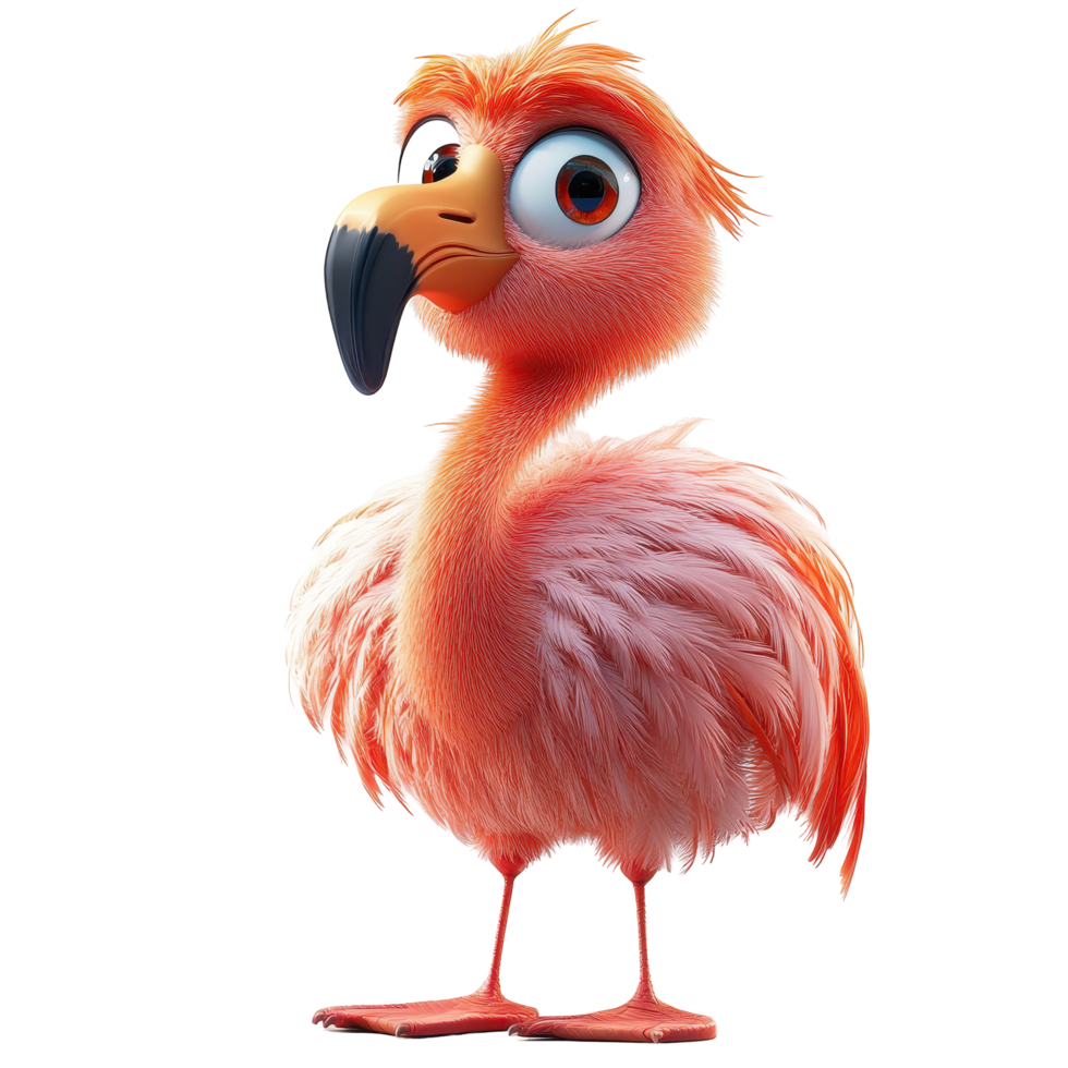 Colorful cartoon flamingo with expressive eyes stands confidently in a vibrant setting during a sunny day isolated on transparent background. png