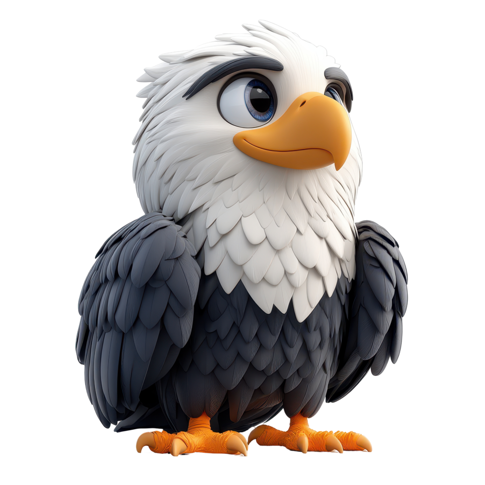 Cartoon eagle character with large expressive eyes and fluffy feathers in a playful stance isolated on transparent background. png
