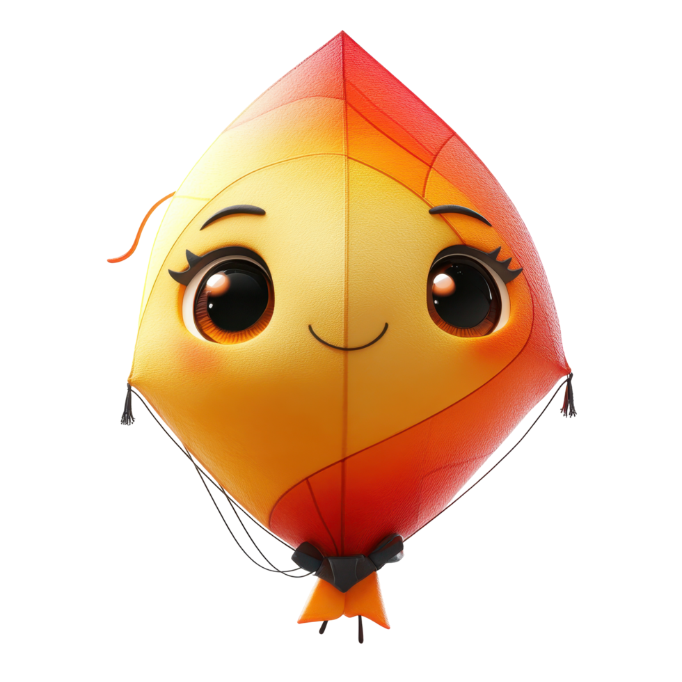 Colorful smiling kite with large eyes soaring high in a clear blue sky during a sunny afternoon isolated on transparent background. png