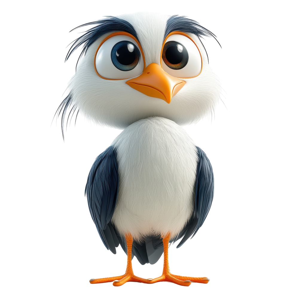 Cute animated bird character standing confidently with large eyes and fluffy feathers in a light background isolated on transparent background. png