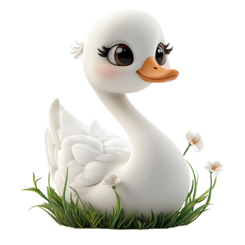 Cute cartoon swan character standing in grass with flowers in springtime setting isolated on transparent background. png