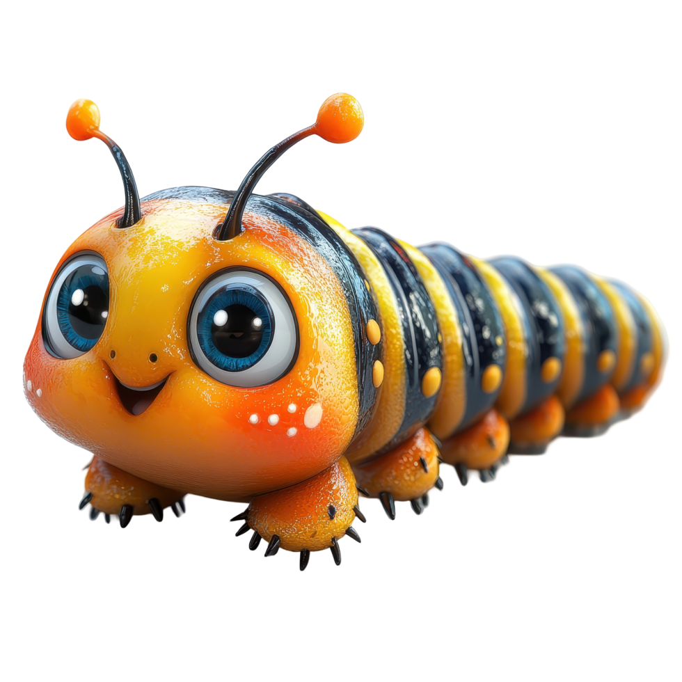 Cute cartoon caterpillar with big eyes and vibrant colors crawling on a sunny day in a whimsical garden setting isolated on transparent background. png