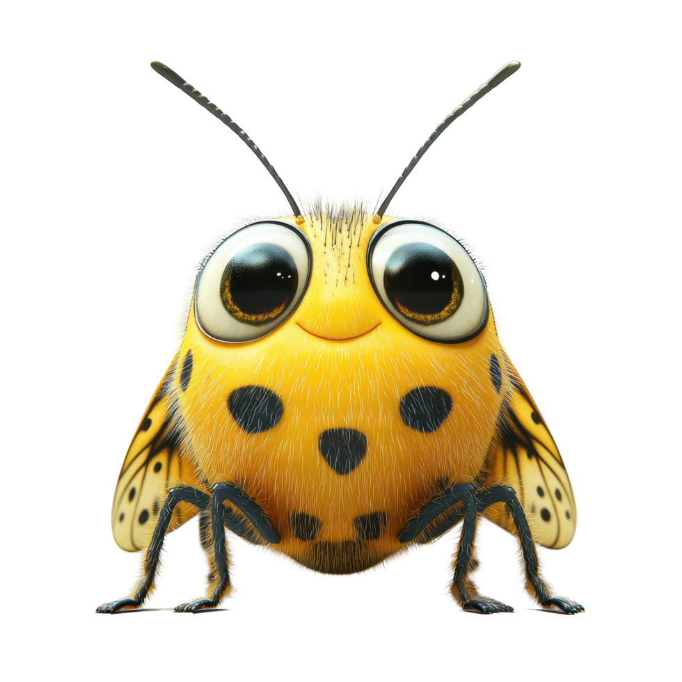 Cartoon bee character with large eyes and cheerful expression, showcasing vibrant colors and distinctive markings isolated on transparent background. png