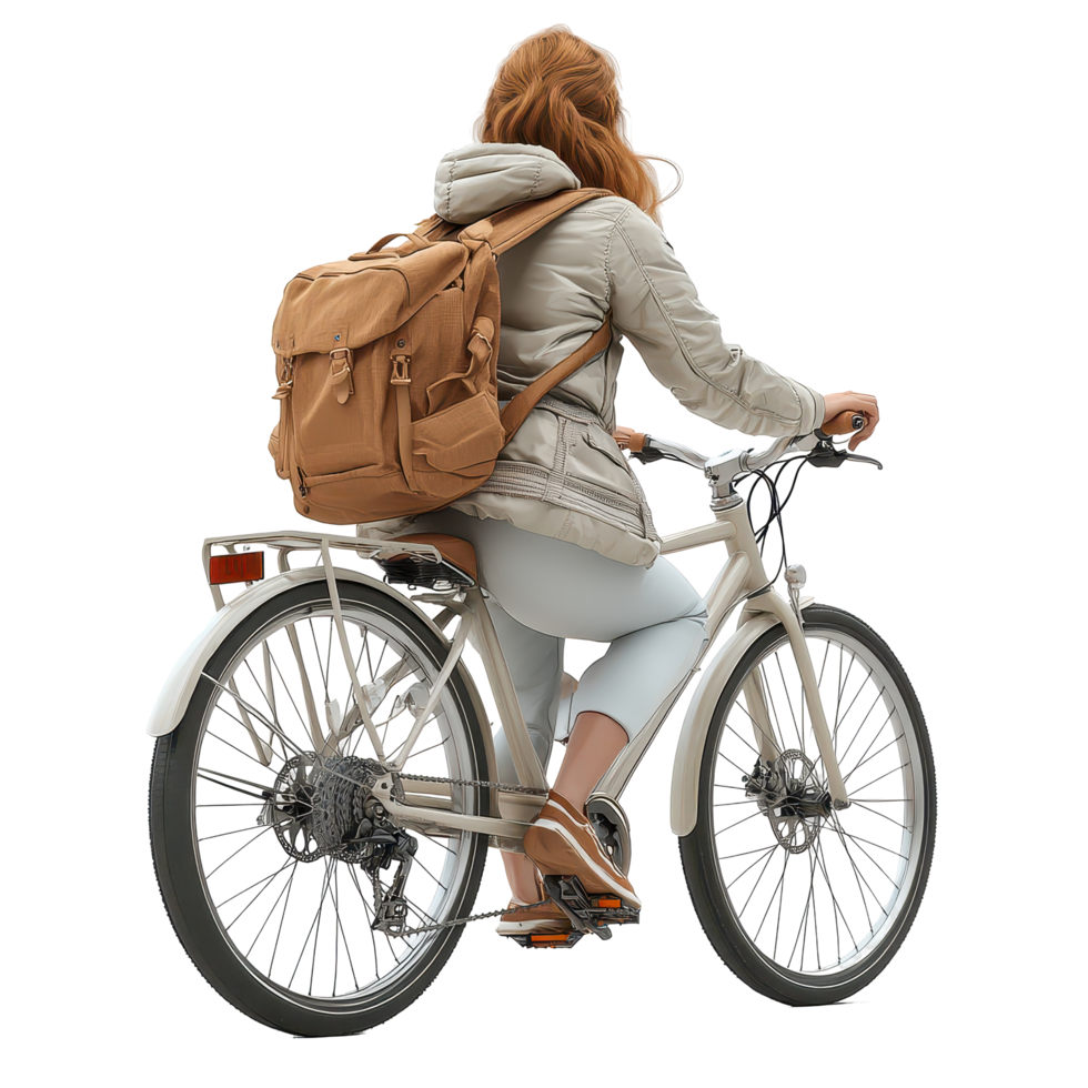 Biking in a light jacket with a backpack on a sunny day in an urban setting isolated on transparent background. png