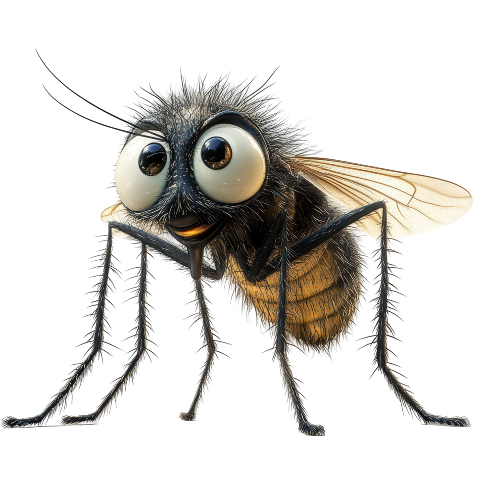 Cartoon insect character with large eyes and fuzzy body displaying playful expression isolated on transparent background. png