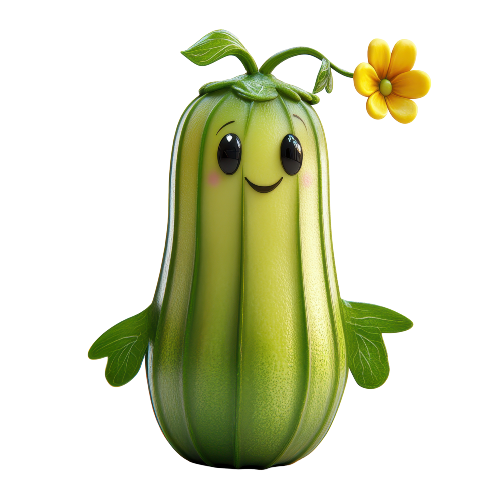 Cute cartoon vegetable character with a flower, exuding joy and charm in a playful design isolated on transparent background. png