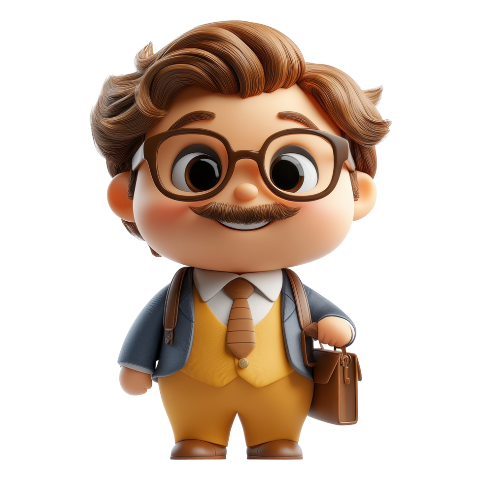 Cute cartoon character in formal attire holding a briefcase, representing a professional and cheerful vibe isolated on transparent background. png