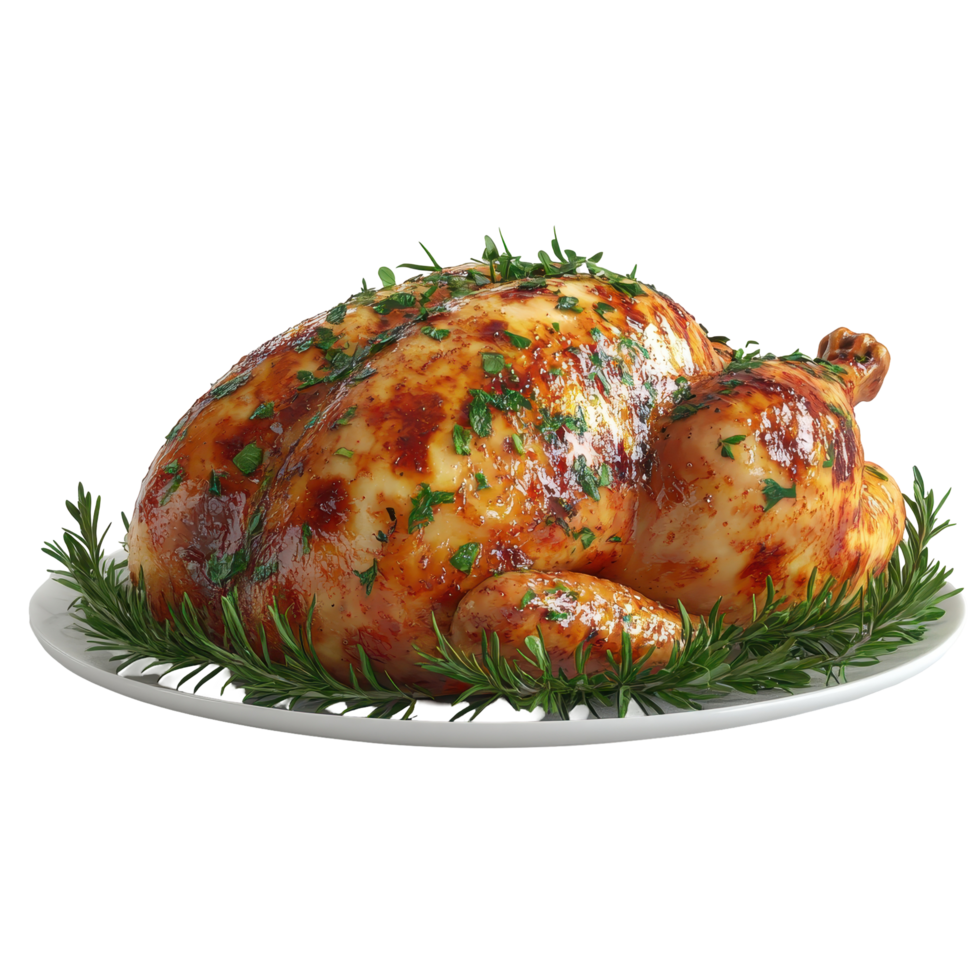 Roasted turkey garnished with fresh herbs on a platter for festive occasions and celebrations isolated on transparent background. png