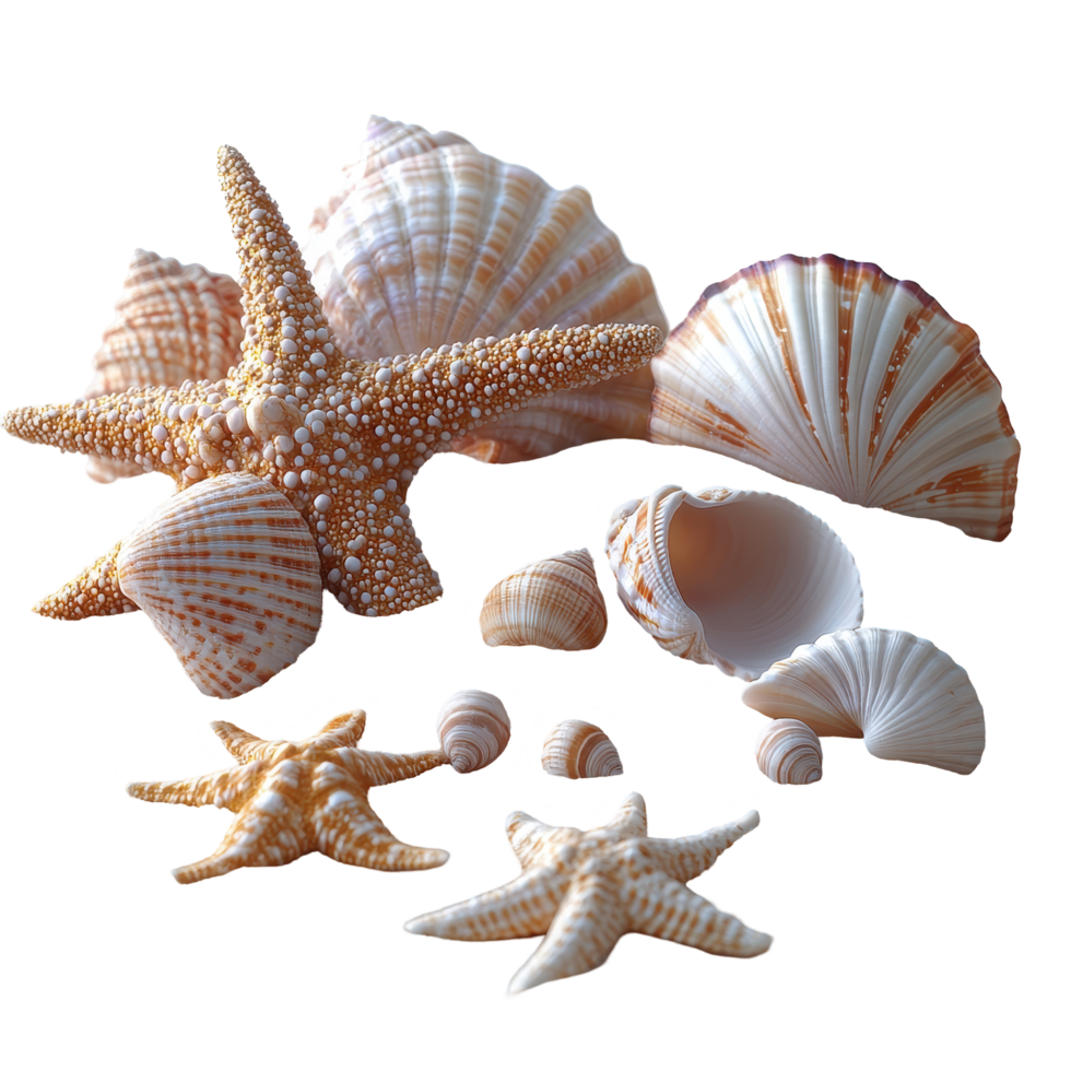 Seashells and starfish collected along the shoreline during a sunny afternoon by the beach isolated on transparent background. png