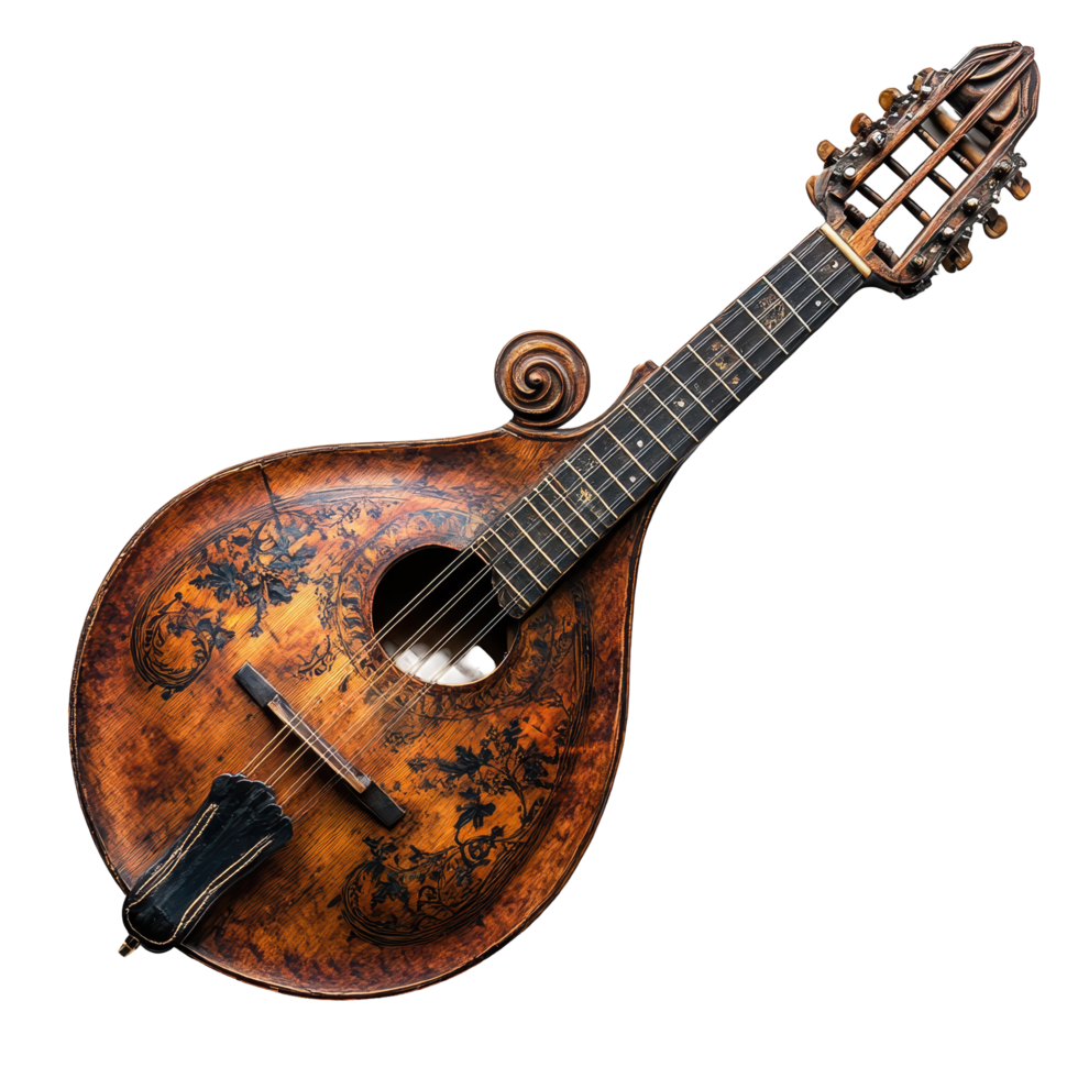 Vintage lute with intricate carvings displayed against a plain background, showcasing craftsmanship and musical heritage isolated on transparent background. png