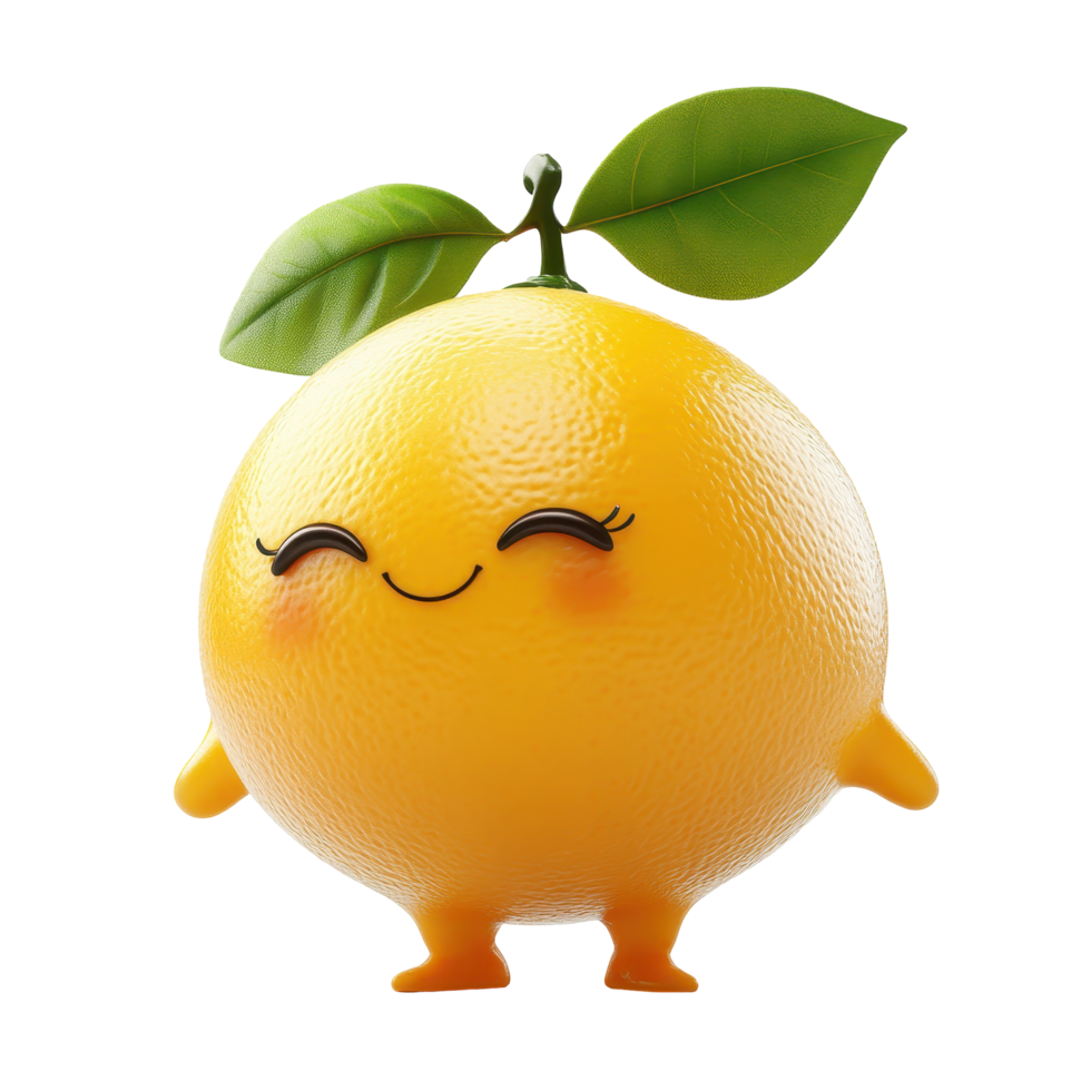 Happy orange character with smiling face and green leaf in a playful design setting isolated on transparent background. png