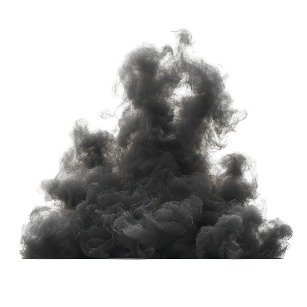 Dark smoke billows in a chaotic manner against a white background, creating an intense visual effect suitable for various applications isolated on transparent background. png