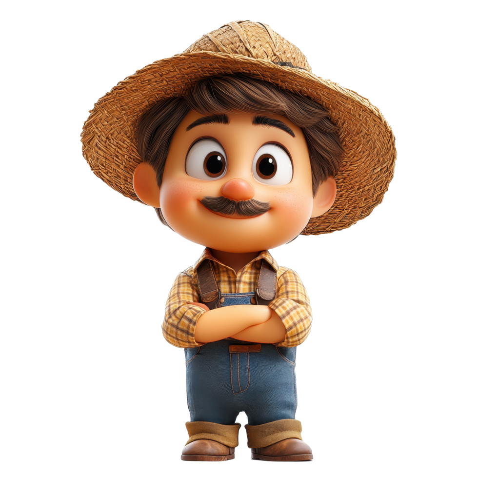Young farmer character in straw hat poses confidently with arms crossed in playful countryside setting isolated on transparent background. png