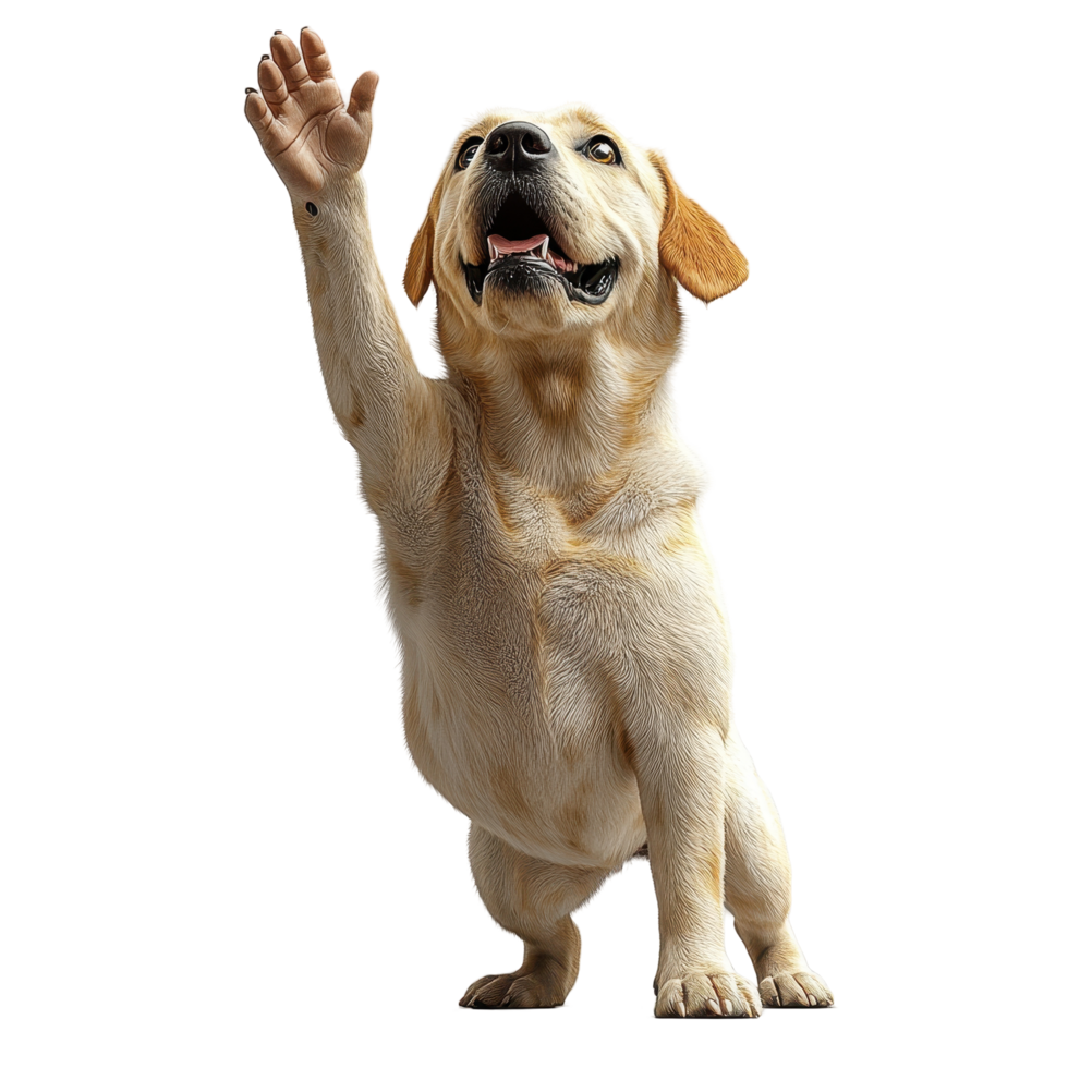Happy dog raising its paw in a playful gesture indoors during daylight isolated on transparent background. png