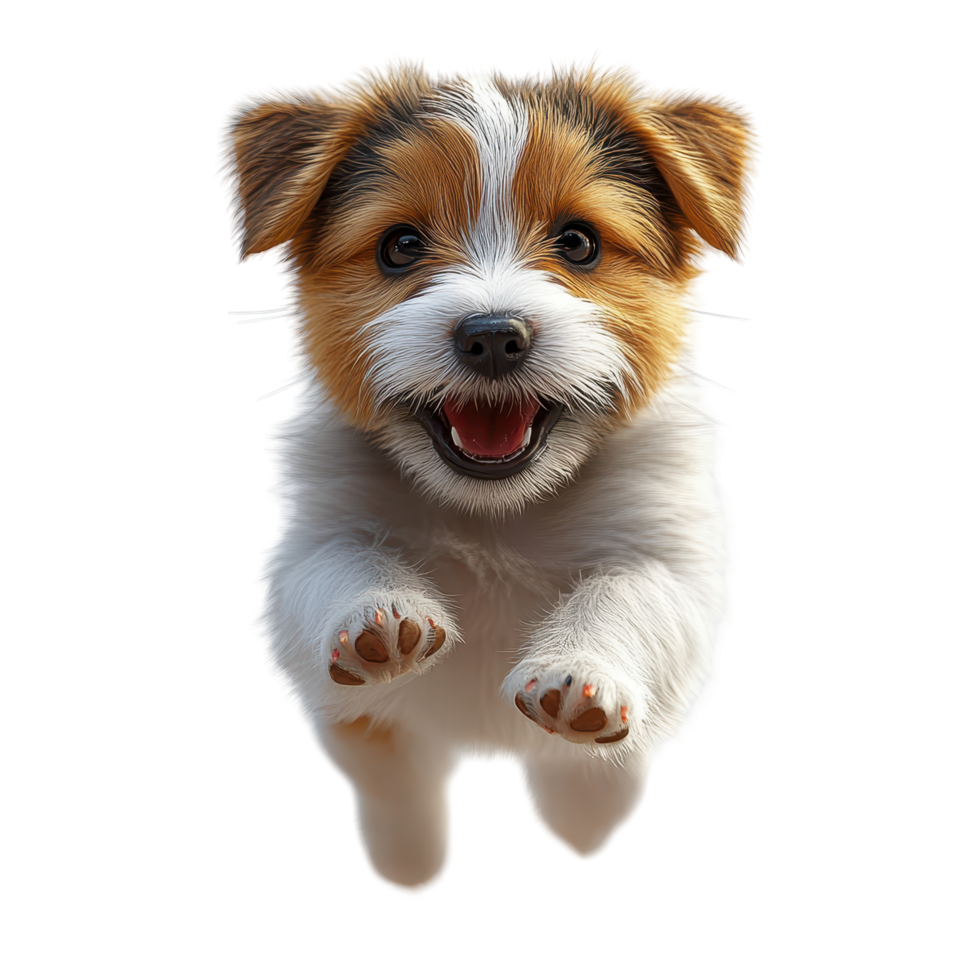 Happy puppy jumping in excitement against a plain background in a playful moment isolated on transparent background. png