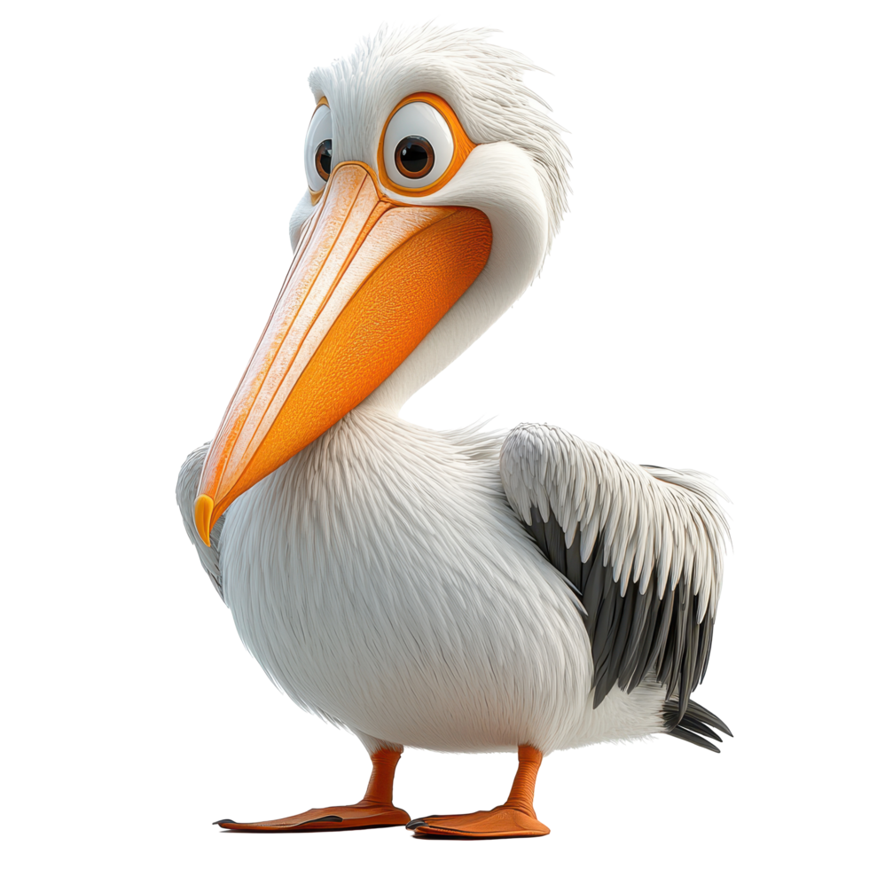 Cartoon pelican standing proudly with bright orange bill and fluffy feathers against a white background isolated on transparent background. png