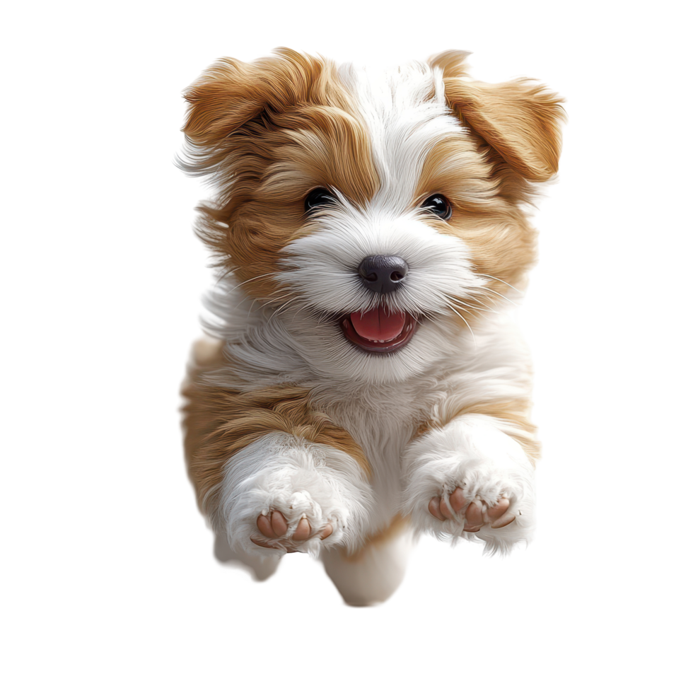 Happy puppy jumping with joy in a playful mood showcasing its fluffy coat and eager expression isolated on transparent background. png