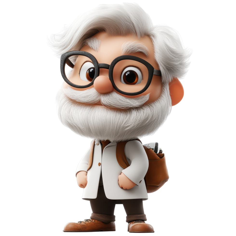 Character with white hair and glasses in a lab coat poses confidently with a backpack and a friendly expression isolated on transparent background. png