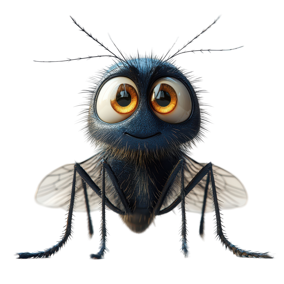 Realistic cartoon fly with large eyes and friendly expression on a white background isolated on transparent background. png
