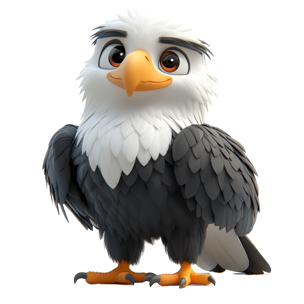 Cartoon eagle character with expressive eyes and fluffy feathers stands confidently in a fun and engaging pose isolated on transparent background. png