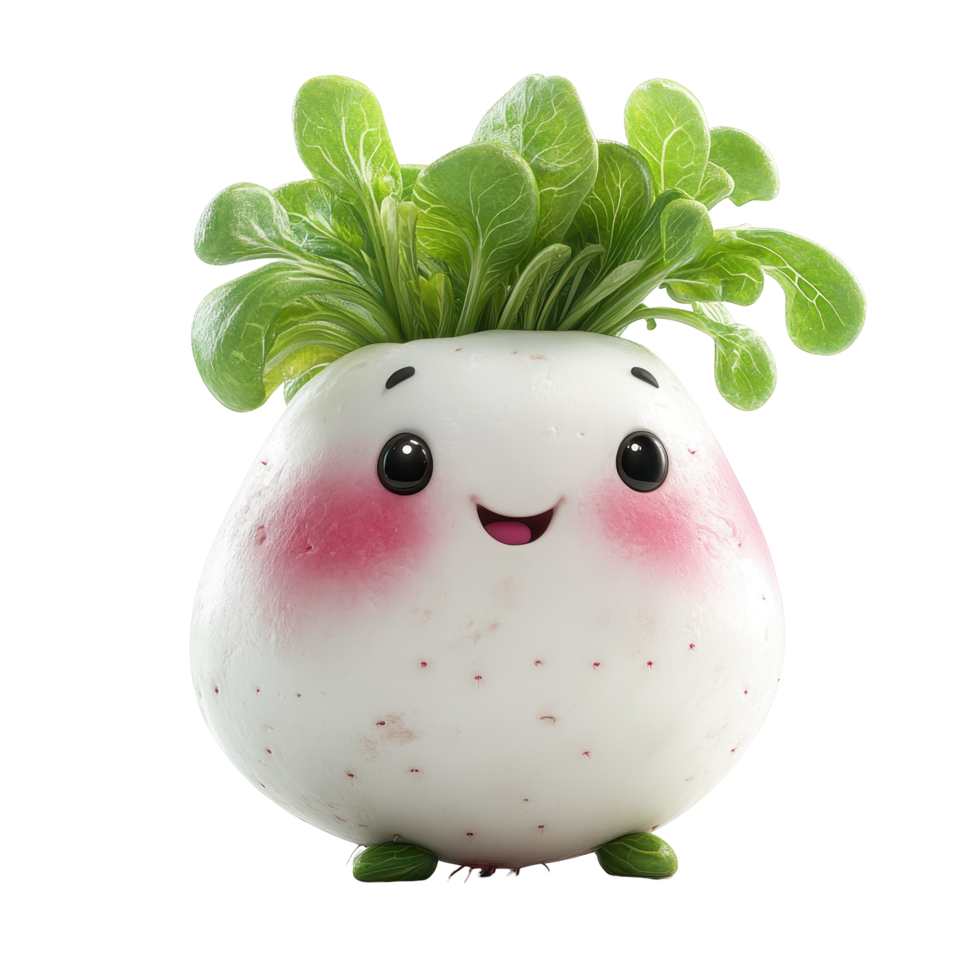 Cute cartoon character of a smiling radish with leafy green hair in a whimsical design isolated on transparent background. png