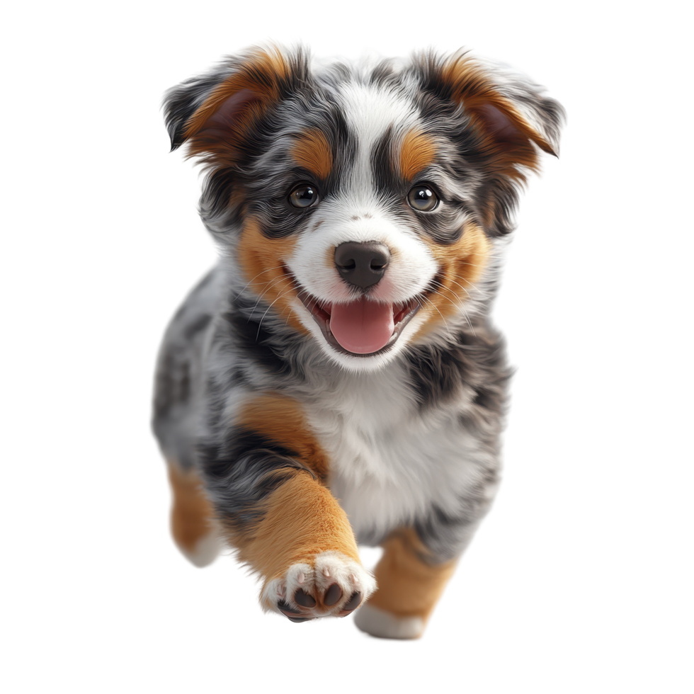 Playful puppy runs happily with a joyful expression in a bright and cheerful setting isolated on transparent background. png