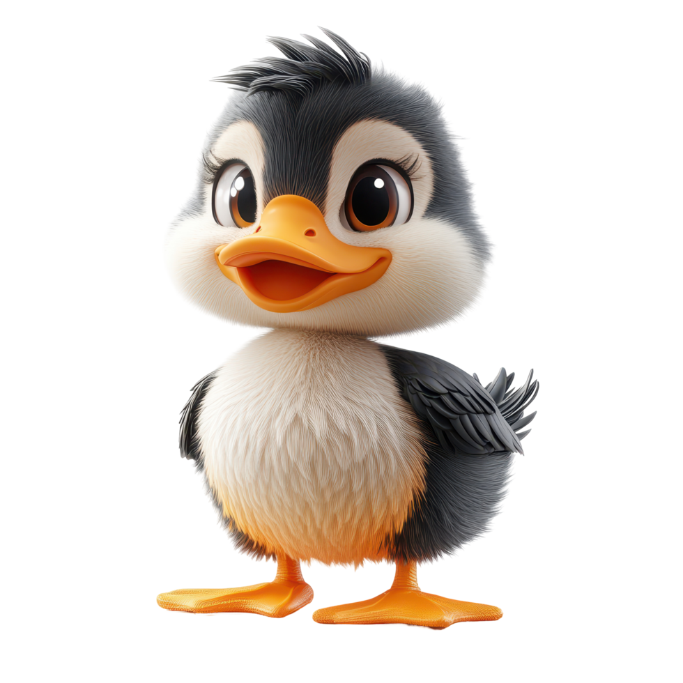 Cute cartoon duck character with big eyes and fluffy feathers standing cheerfully in a bright and playful pose isolated on transparent background. png