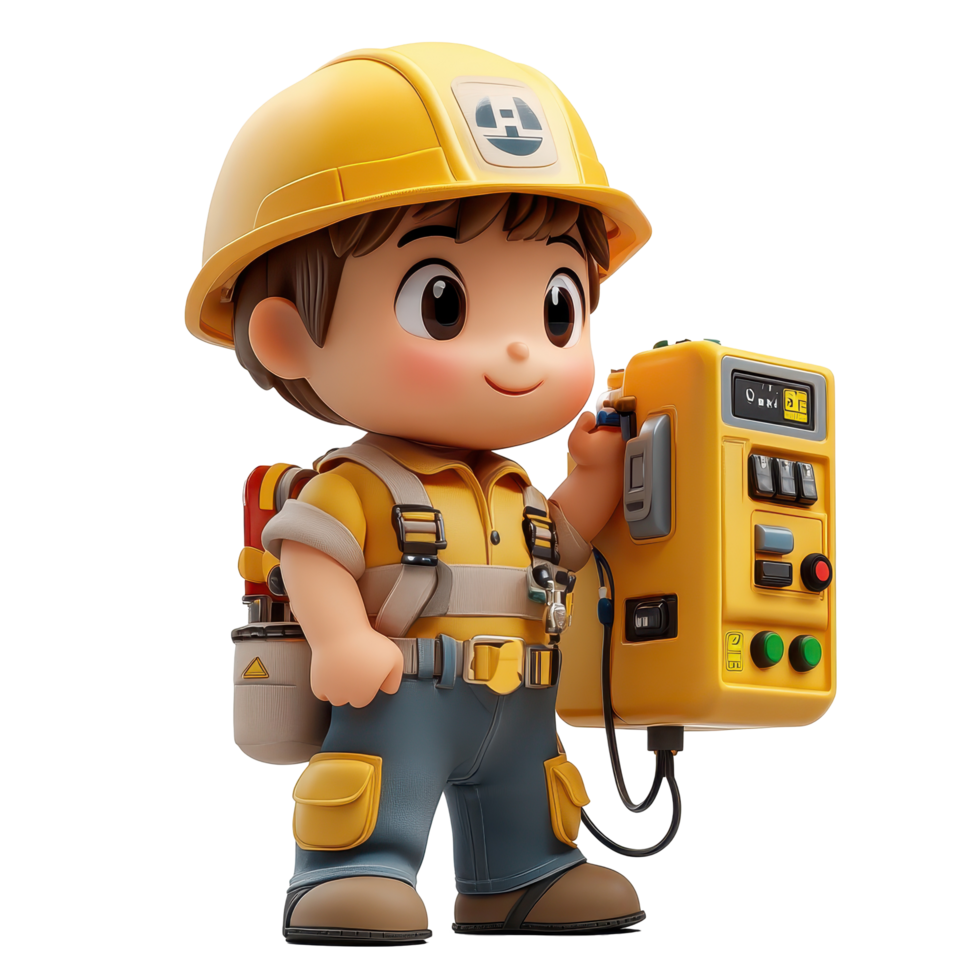 Cute cartoon character in construction attire with yellow hard hat operating a control panel isolated on transparent background. png
