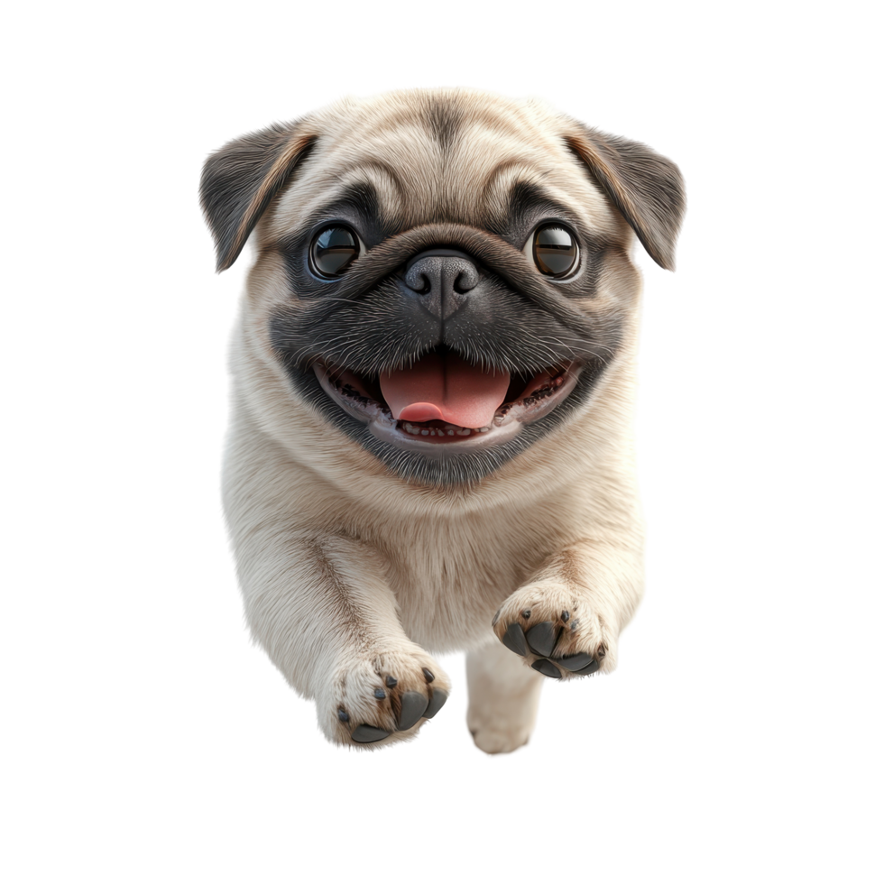 Happy pug puppy running joyfully in a bright indoor space, showcasing its playful nature and adorable features isolated on transparent background. png