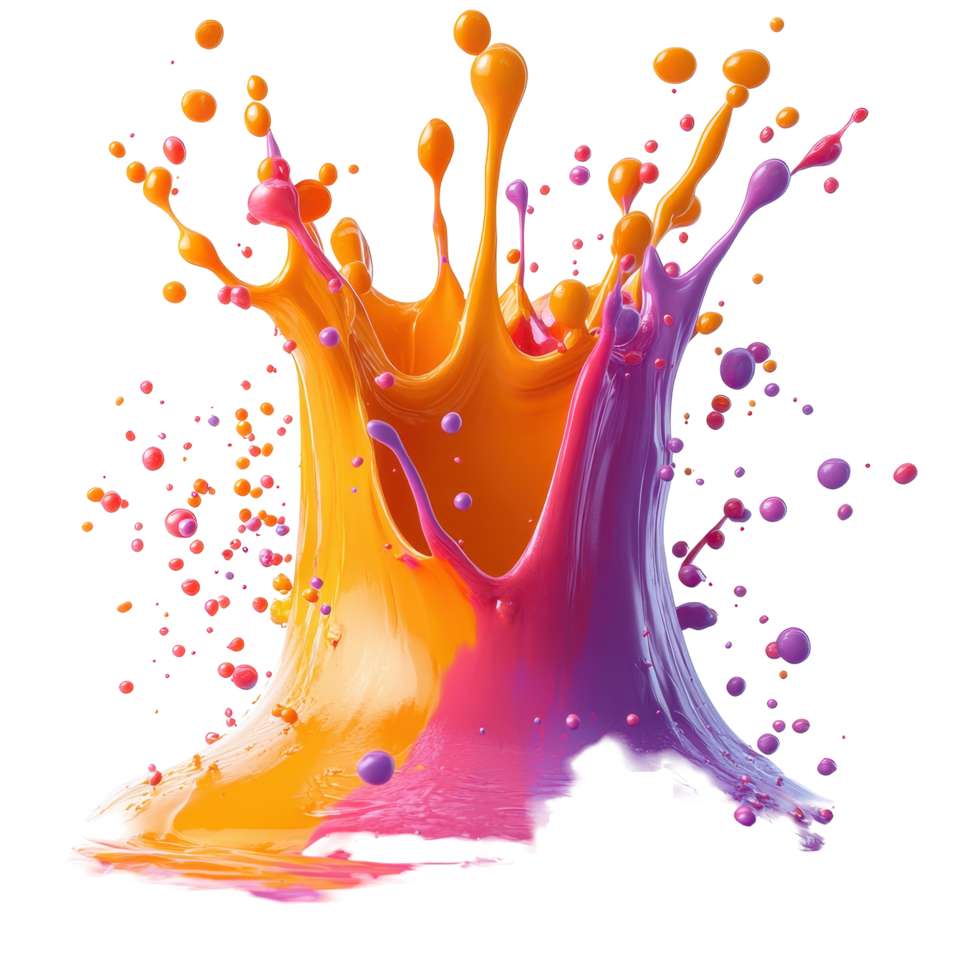 Bright paint splash creates a colorful splash of orange and purple hues in artistic display isolated on transparent background. png