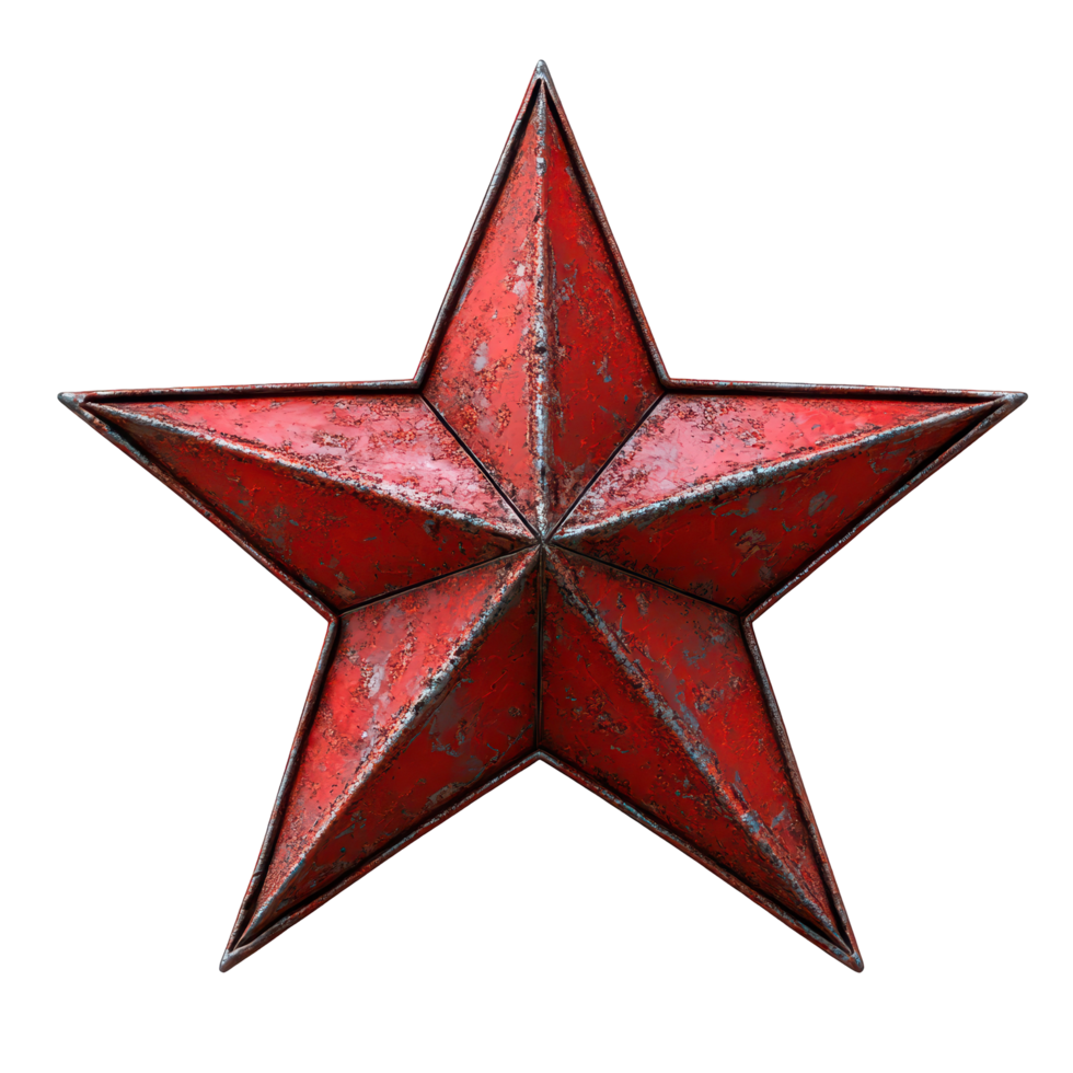 Red metal star emblem with distressed texture situated on a flat surface, highlighting vintage design elements isolated on transparent background. png