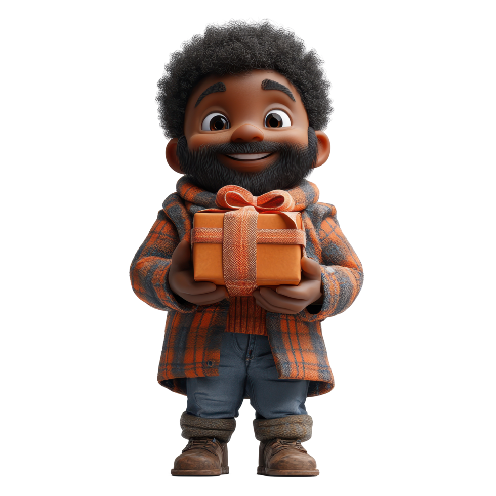 Cheerful young boy in warm attire holds a colorful gift while smiling joyfully during a festive gathering isolated on transparent background. png