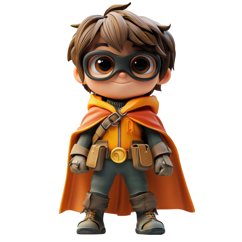 Cute cartoon character dressed as a heroic adventurer with a cape and gear ready for adventure isolated on transparent background. png